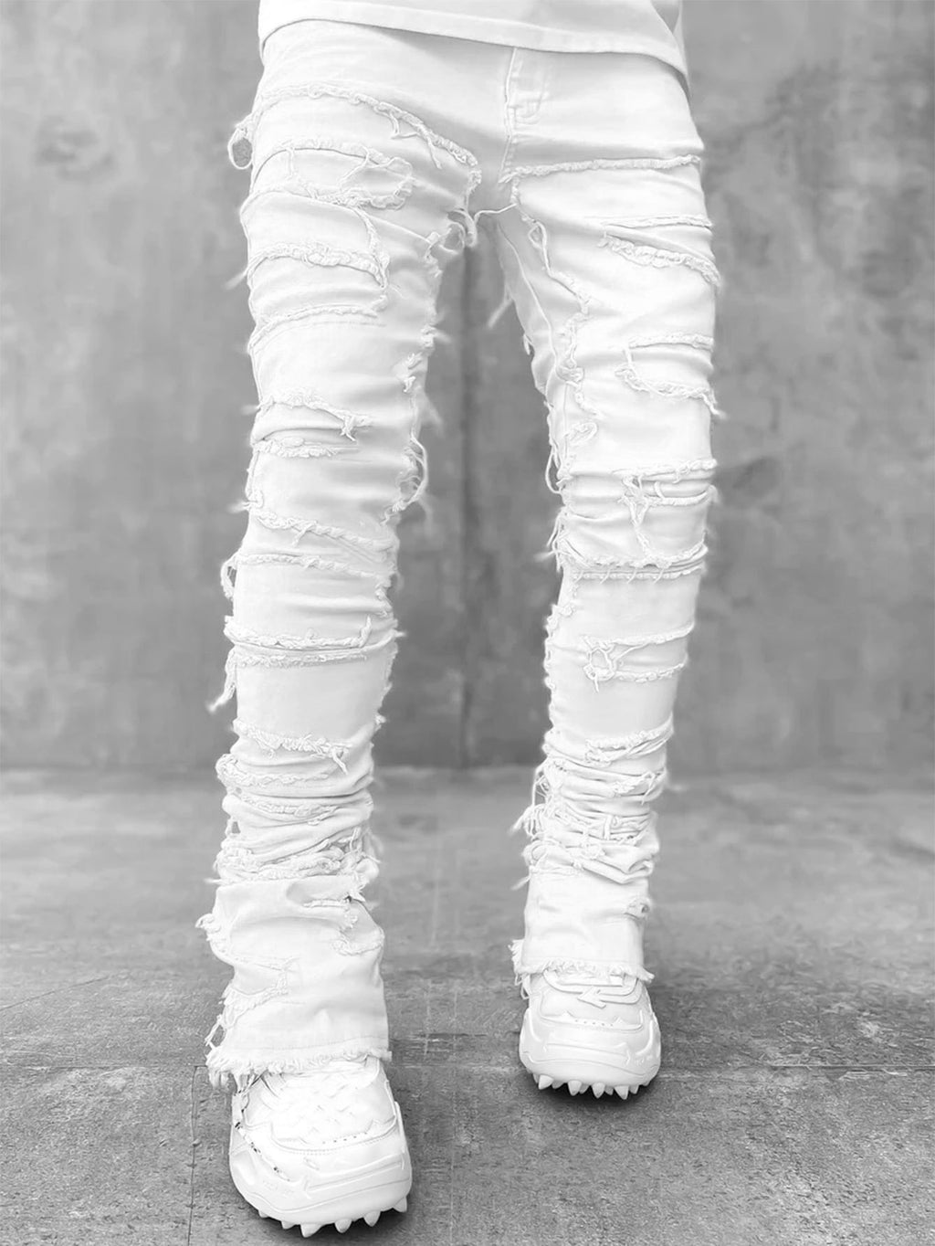 Ins Fringes Ripped Trousers Individual Patched Pants Long Tight Fit Stacked Jeans for Mens Clothing